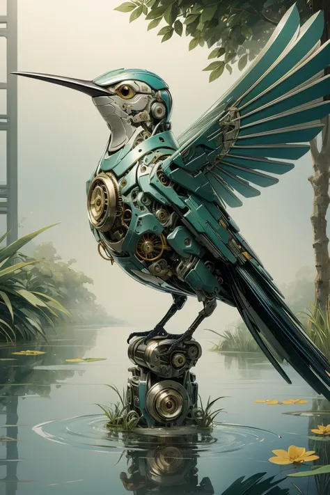 ((masterpiece)), ((best quality)), 8k, high detailed, ultra-detailed, A mechanical bird, harmoniously integrated into the beauty of nature, capturing the balance between technology and the environment, mechanical bird, ((nature)), ((harmonious integration)), ((technology and environment balance)), metallic feathers, gear mechanisms, perched on tree branch, fluttering leaves, sun rays through canopy, reflection in a pond. <lora:MechanicalBird:0.8>,