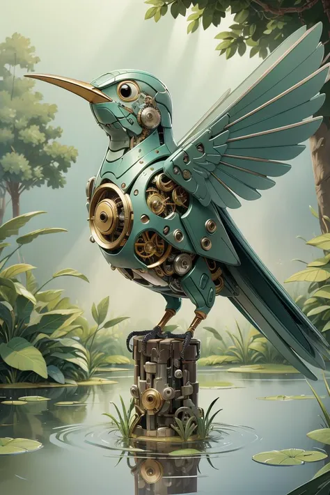 ((masterpiece)), ((best quality)), 8k, high detailed, ultra-detailed, A mechanical bird, harmoniously integrated into the beauty of nature, capturing the balance between technology and the environment, mechanical bird, ((nature)), ((harmonious integration)), ((technology and environment balance)), metallic feathers, gear mechanisms, perched on tree branch, fluttering leaves, sun rays through canopy, reflection in a pond. <lora:MechanicalBird:0.8>,