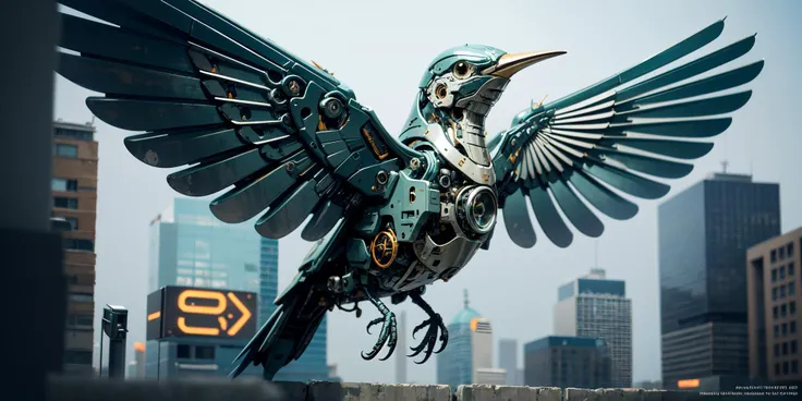 Mechanical Bird,hyper realistic,metal,professional photo, science fiction, sci-fi scenario, (night), natural light, cyberpunk, futuristic city, cyberpunk city, neon signs, highly detailed, (highly detailed background), multiple buildings in the background, detailed textures, wide angle, 8k, HDR, professional photoshoot, high quality photo, realistic photo, realistic shadows, detailed shadows, realistic proportions,film grain, raw photo,(front), <lora:MechanicalBird:0.7>