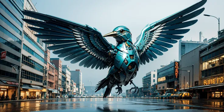 Mechanical Bird,hyper realistic,metal,professional photo, science fiction, sci-fi scenario, (night), natural light, cyberpunk, futuristic city, cyberpunk city, neon signs, highly detailed, (highly detailed background), multiple buildings in the background, detailed textures, wide angle, 8k, HDR, professional photoshoot, high quality photo, realistic photo, realistic shadows, detailed shadows, realistic proportions,film grain, raw photo,(front), <lora:MechanicalBird:0.7>