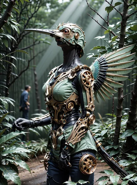 ((masterpiece)), ((best quality)), 8k, high detailed, ultra-detailed, A highly realistic mechanical bird in a real-life setting of a forest, showcasing the profound blend of technology with nature, mechanical bird, ((real-life setting)), ((forest)), ((technology with nature blend)), metallic feathers, gear mechanisms, forest backdrop, rustling leaves, sun rays piercing through, silhouette of forest creatures,  <lora:MechanicalBird:0.7>