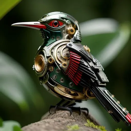 ((masterpiece)), ((best quality)), 8k, high detailed, ultra-detailed, A (black and red:1.3) mechanical bird, looking right<lora:MechanicalBird:0.8> jungle