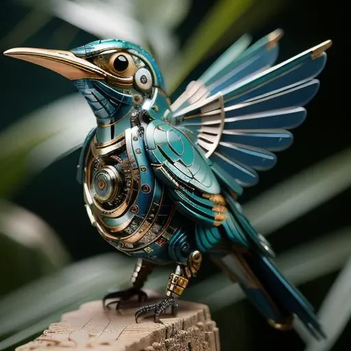 ((masterpiece)), ((best quality)), 8k, high detailed, ultra-detailed, A (blue:1.3) mechanical bird, <lora:MechanicalBird:0.8> jungle