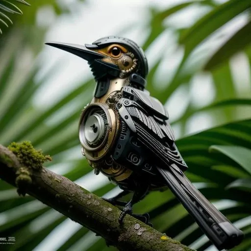 ((masterpiece)), ((best quality)), 8k, high detailed, ultra-detailed, A (black:1.3) mechanical bird, <lora:MechanicalBird:0.6> jungle
