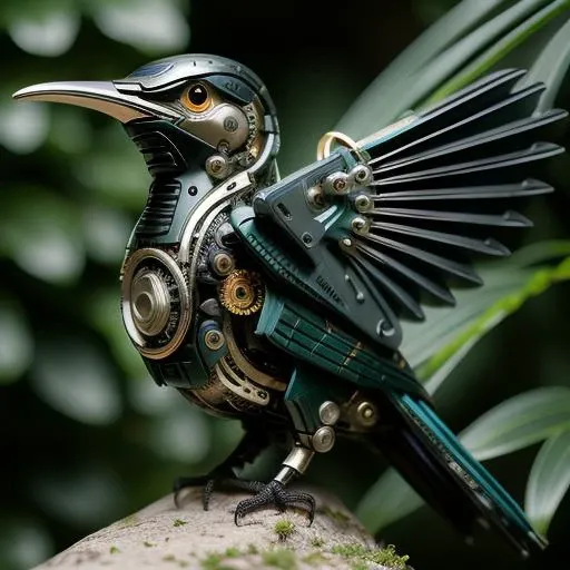 ((masterpiece)), ((best quality)), 8k, high detailed, ultra-detailed, A (black:1.3) mechanical bird, <lora:MechanicalBird:0.8> jungle