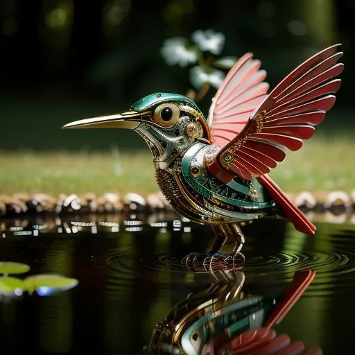((masterpiece)), ((best quality)), 8k, high detailed, ultra-detailed, A (red:1.3) mechanical bird, harmoniously integrated into the beauty of nature, capturing the balance between technology and the environment, mechanical bird, ((nature)), ((harmonious integration)), ((technology and environment balance)), metallic feathers, gear mechanisms, perched on tree branch, fluttering leaves, sun rays through canopy, reflection in a pond.<lora:MechanicalBird:0.8>