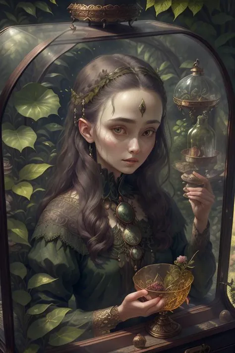 woman in a mythical forest, perfect face, intricate details, horror theme <lora:quiron_KnollingCase_v1_lora:0.7> KnollingCaseQuiron style, KnollingCase, glass case, display case, no humans, scenery, still life, bottle, bowl, box,