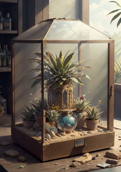 (best quality:1.15), (masterpiece:1.17), (detailed:1.15), (realistic:1.2), (intricate:1.5),Dappled Light, cinematic light, sidelighting, ultra high res, best shadow, RAW, dynamic angle,
(subtropical desert) , (KnollingCaseQuiron style), glass case, display case, (KnollingCase:1.1), no humans, scenery, still life, mirror, reflection, crystal,
<lora:quiron_KnollingCase_v1_lora:0.77>