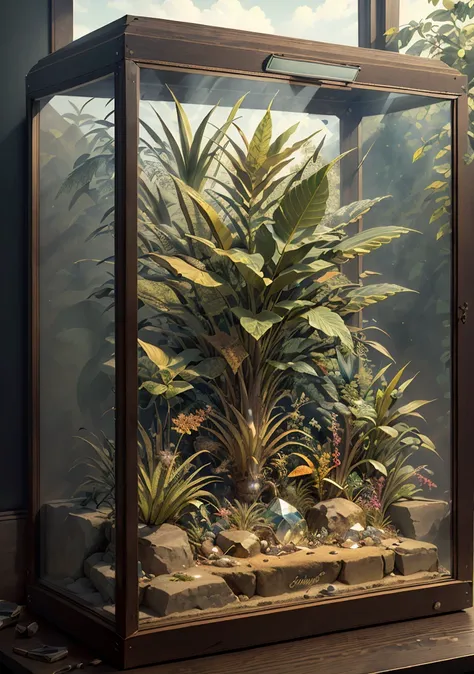 (best quality:1.15), (masterpiece:1.17), (detailed:1.15), (realistic:1.2), (intricate:1.5),Dappled Light, cinematic light, sidelighting, ultra high res, best shadow, RAW, dynamic angle,
(temperate jungle) , (KnollingCaseQuiron style), glass case, display case, (KnollingCase:1.1), no humans, scenery, still life, mirror, reflection, crystal,
<lora:quiron_KnollingCase_v1_lora:0.77>