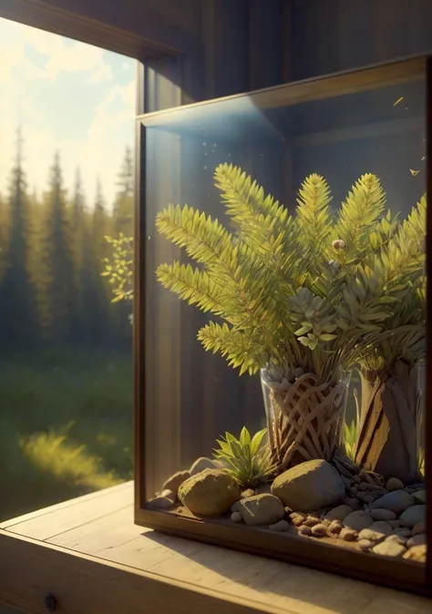 (realistic:1.2), (intricate:1.3),analog style, Dappled Light, (film grain), (warm hue, warm tone:1.2), close up, cinematic light, sidelighting, ultra high res, best shadow, RAW,
(boreal forest) , (KnollingCaseQuiron style), glass case, display case, no humans, scenery, still life, mirror,
<lora:quiron_KnollingCase_v1_lora:0.77>
