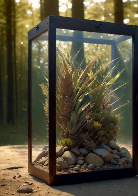 (realistic:1.2), (intricate:1.3),analog style, Dappled Light, (film grain), (warm hue, warm tone:1.2), close up, cinematic light, sidelighting, ultra high res, best shadow, RAW,
(temperate mixed forest) , (KnollingCaseQuiron style), glass case, display case, no humans, scenery, still life, mirror,
<lora:quiron_KnollingCase_v1_lora:0.77>