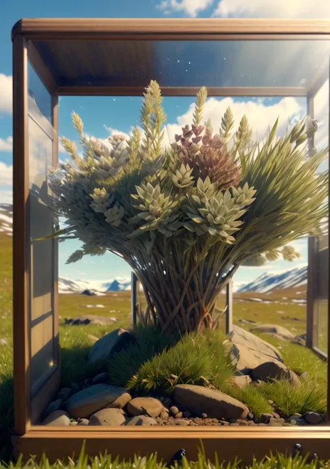 (realistic:1.2), (intricate:1.3),analog style, Dappled Light, (film grain), (warm hue, warm tone:1.2), close up, cinematic light, sidelighting, ultra high res, best shadow, RAW,
(arctic grassland) , (KnollingCaseQuiron style), glass case, display case, no humans, scenery, still life, mirror,
<lora:quiron_KnollingCase_v1_lora:0.77>