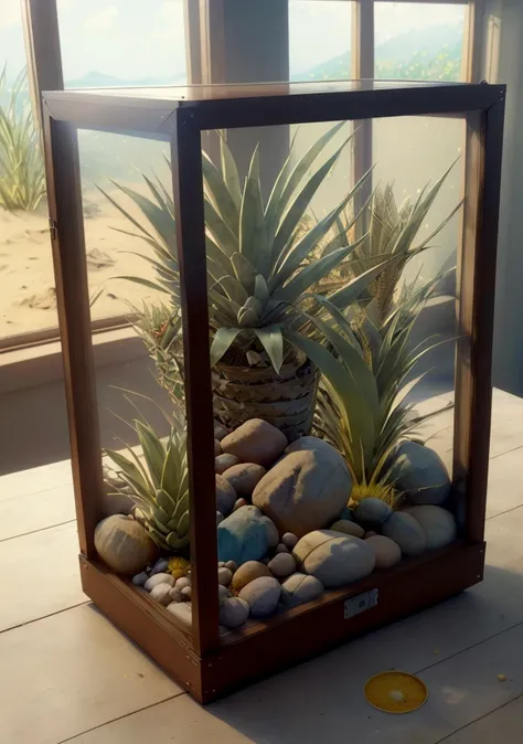 (realistic:1.2), (intricate:1.3),analog style, Dappled Light, (film grain), (warm hue, warm tone:1.2), close up, cinematic light, sidelighting, ultra high res, best shadow, RAW,
(tropical steppe) , (KnollingCaseQuiron style), glass case, display case, no humans, scenery, still life, mirror,
<lora:quiron_KnollingCase_v1_lora:0.77>