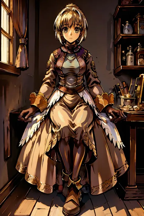 (masterpiece, best quality), 1girl,  <lora:merchantROV1.8:1> merchRo, long brown sleeves, turtleneck, vest, long skirt, brown gloves, pantyhose,  brown shoes,  brown ankle boots, white shirt tail