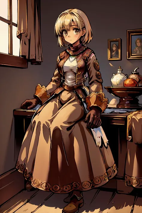 (masterpiece, best quality), 1girl, <lora:merchantROV1.8:1> merchRo, long brown sleeves, turtleneck, vest, long skirt, brown gloves, pantyhose, brown shoes, brown ankle boots, white shirt tail