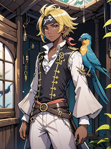 anime style, (full body:1.2), 1boy, man, handsome, solo, [:epic costume design,:0.2] pirate, (african, dark skin:0.6), lemonchiffon hair, (average:1.1) build, well-lit interior, in a artificial Exotic bird aviary<lora:EnvyLineArtSliderXL01:1><lora:EnvyBetterHiresFixXL01:0@0,0@.49,1@.5:hr=1>