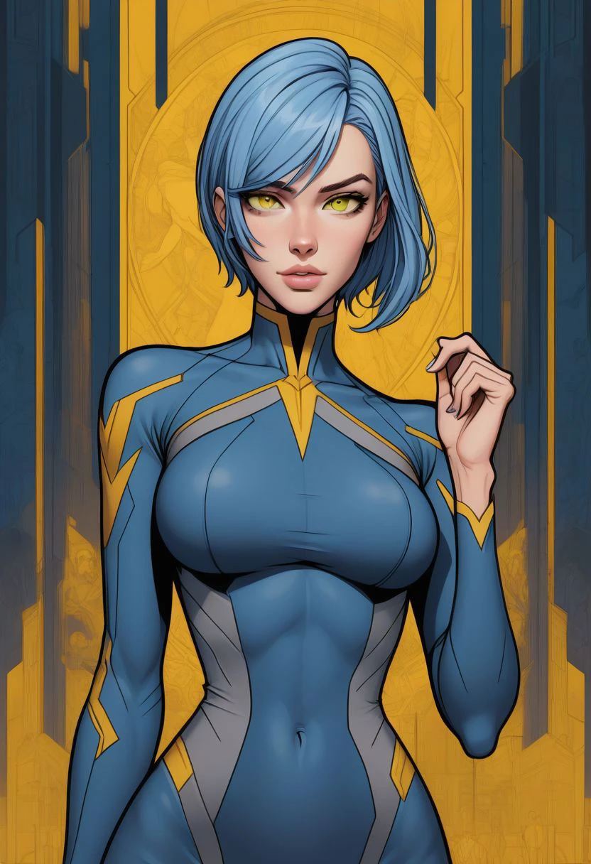 (score_9, score_8_up:1.1), score_7_up, scale 1:1, correct human anatomy, correct hand anatomy, 1 thumb, 4 fingers, cinematic, cartoon, fit female, 1 girl, adult, yellow iris, azure hair, short gray sexy sheath dress,