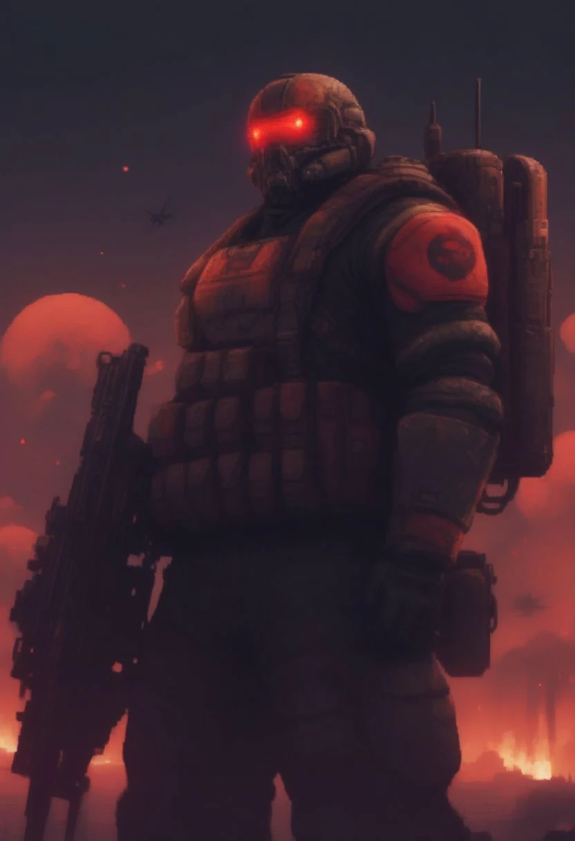 portrait, pixel art 16bits style, cinematic camera, posing, brute cyborg soldier. red moon, flying tanker ships, helicopters, explosions, war, tundra background, neon, noir, menacing, action, aiming, shooting rifle, army, lasers, scrltff7v1