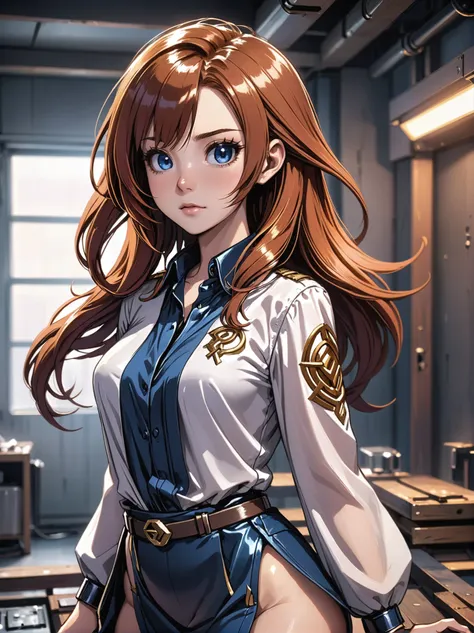 anime style, 1girl, woman, (feathered rune mage agent:1.3),, (silk shirt:1.2) [:formal costume design:0.2], bombshell hair, auburn hair, drill hair, average figure, japanese, Propulsion Engineering Room \(room\) in a dilapidated,cozy scifi settlement beyond the beginning of the multiverse<lora:EnvyLineArtSliderXL01:-2><lora:EnvyBetterHiresFixXL01:0@0,0@.49,1@.5:hr=1>