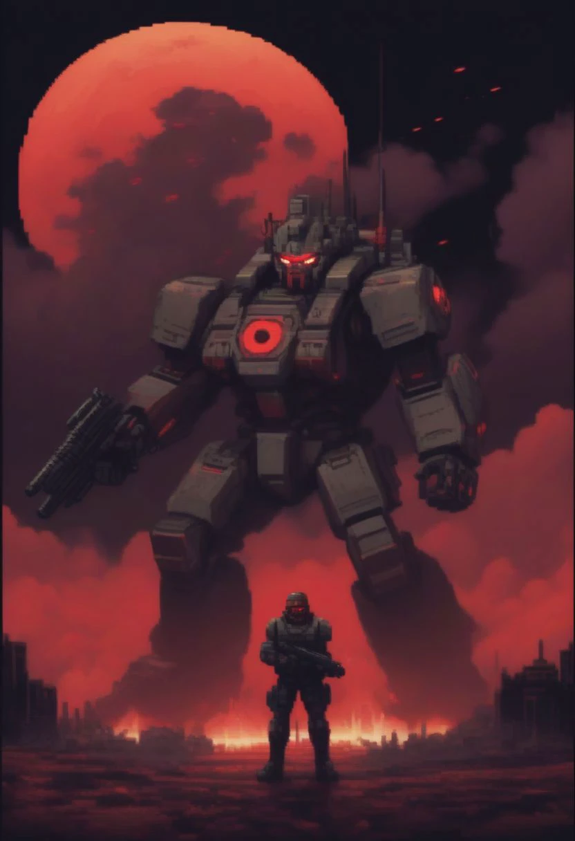 portrait, pixel art 16bits style, posing, brute cyborg soldier. red moon, flying tanker ships, helicopters, explosions, war, tundra background, neon, noir, menacing, action, aiming, shooting rifle, army, lasers, scrltff7v1