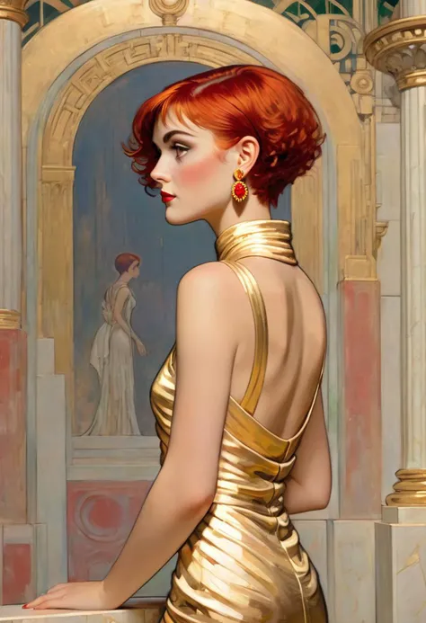 in the style works by Cy Twombly, Light (Hard Mix) into a mysterious and intriguing masterpiece., side view, " ,cute girl,ARTDECO art style,female ,casino lady,red short hair,gold eyes,Wearing a backless evening gown and earrings