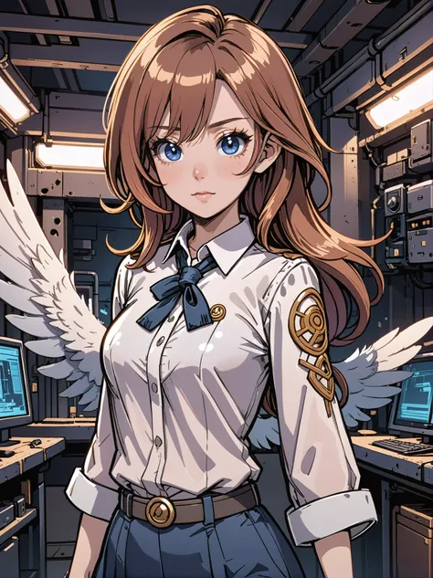 anime style, 1girl, woman, (feathered rune mage agent:1.3),, (silk shirt:1.2) [:formal costume design:0.2], bombshell hair, auburn hair, drill hair, average figure, japanese, Propulsion Engineering Room \(room\) in a dilapidated,cozy scifi settlement beyond the beginning of the multiverse<lora:EnvyLineArtSliderXL01:1><lora:EnvyBetterHiresFixXL01:0@0,0@.49,1@.5:hr=1>