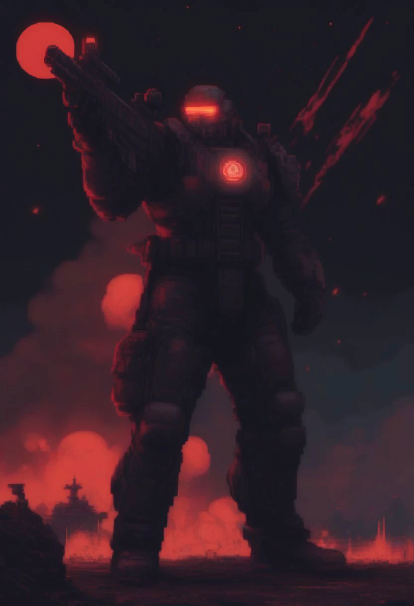 portrait, pixel art 16bits style, posing, brute cyborg soldier. red moon, flying tanker ships, helicopters, explosions, war, tundra background, neon, noir, menacing, action, aiming, shooting rifle, army, lasers, scrltff7v1