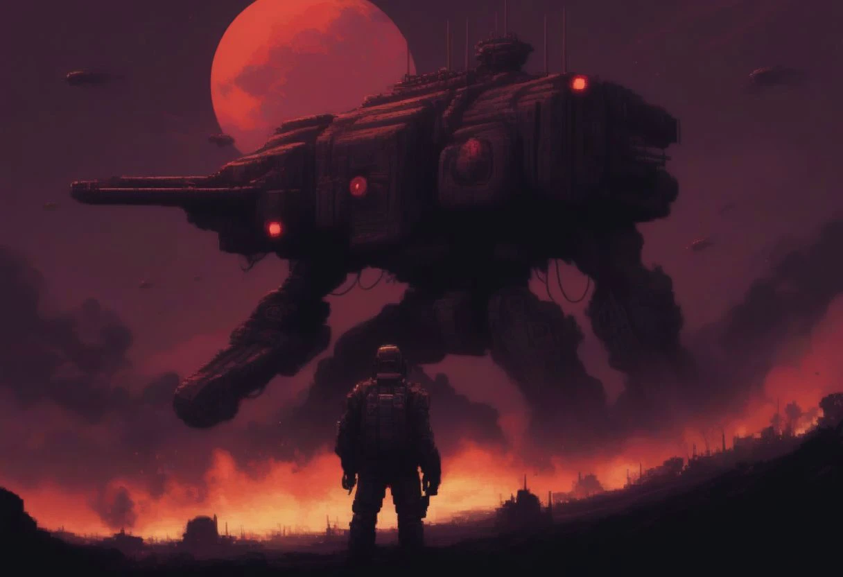 portrait, pixel art 16bits style, cinematic camera, posing, brute cyborg soldier. red moon, flying tanker ships, helicopters, explosions, war, tundra background, neon, noir, menacing, chaos, plenty of soldiers, action, aiming, shooting rifle, army, lasers, scrltff7v1