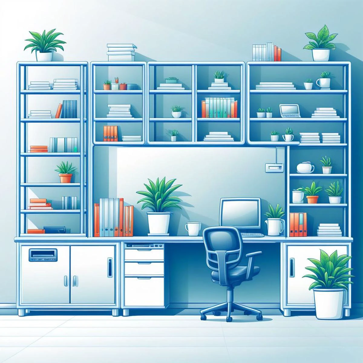 vector illustration in 3D realistic style of office items set, shadows,
without perspective, 2d, ((side view)) of office furniture,
cabinets, plants, sofa, armchairs, coffee maker, cup, cooler, copier, printer, vending machine, desks, chair, monitors, laptop, PC, bookshelves, window, door, air conditioner,
office, side view, drawing, thin outline, detailed shading, vivid colors,
several items on one sheet,
simple white background,