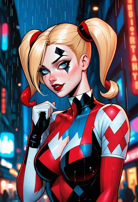 correct hand anatomy, 1 thumb, 4 fingers, colorful, hyper detail, dramatic light, rim lights, intricate details, cinematic lighting, cinematic angle, masterpiece, best quality, 1girl, solo, art by Ed Benes and Joe Madureira, natural breasts, Harley Quinn, sharp face, blue eyes, closed mouth, blonde hair, blurry, upper body, lips, red lipstick, pale skin tone, depth of field, blurry background, glowing, letterboxed, science fiction, rain, cyberpunk, frontal view, engaging, glowing neons, feminine, action, amazing, cartoon,