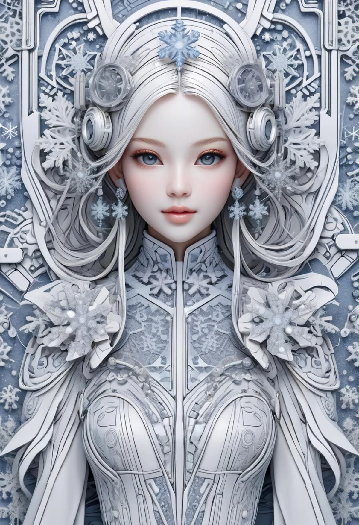 1 girl,Clothes in the shape of snowflake, render,technology, (best quality) (masterpiece), (highly in detailed), 4K,Official art, unit 8 k wallpaper, ultra detailed, masterpiece, best quality, extremely detailed,CG,low saturation, as style, line art