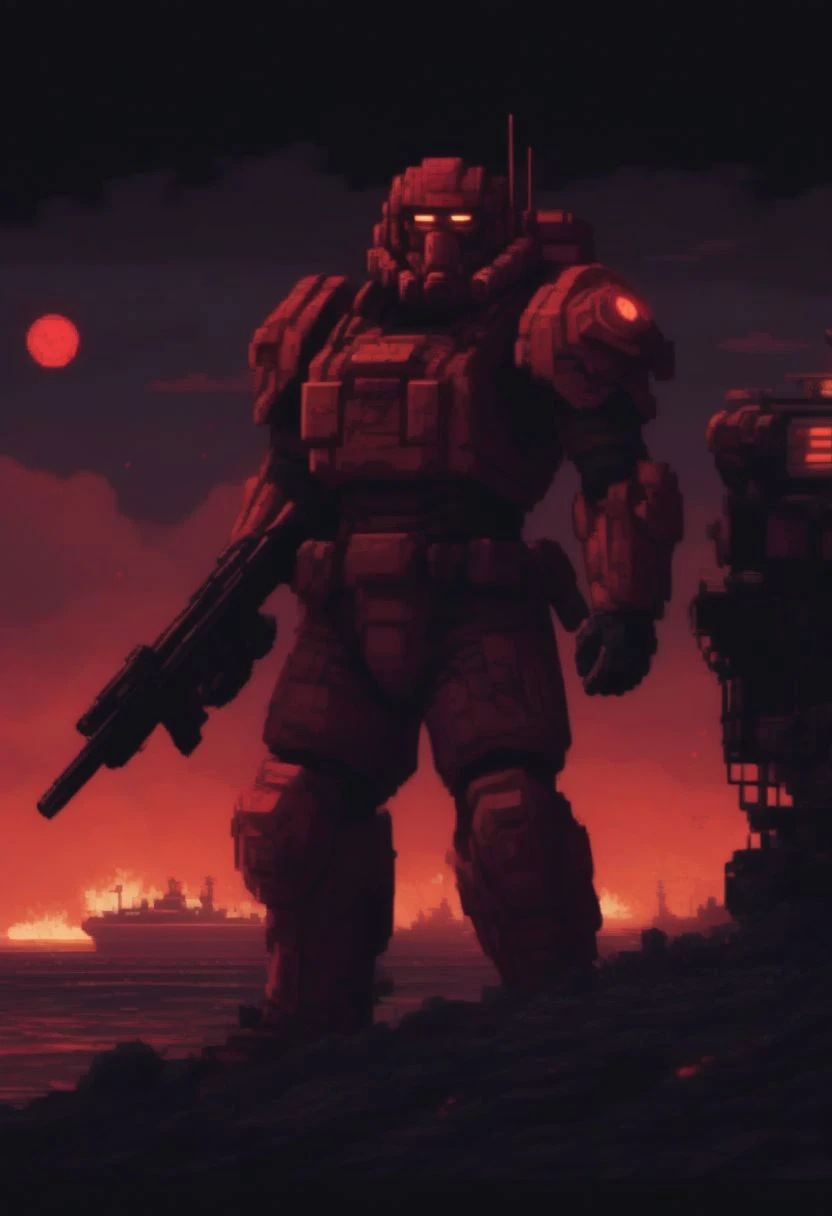 portrait, pixel art 16bits style, cinematic camera, posing, brute cyborg soldier. red moon, flying tanker ships, helicopters, explosions, war, tundra background, neon, noir, menacing, action, aiming, shooting rifle, army, lasers, scrltff7v1