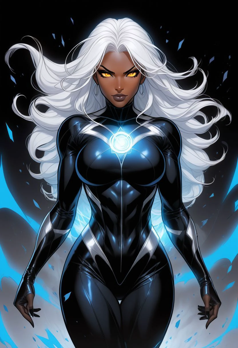 1girl, storm from marvel, art by Ed Benes and Joe Madureira, colorful, hyper detail, dramatic light, intricate details, (score_9, score_8_up:1.1), score_7_up, scale 1:1, highly detailed, correct human anatomy, correct hand anatomy, 1 thumb, 4 fingers, fit female, (1girl, solo, white hair, sharp face, only sclera, glowing sclera, dark skin, hair between eyes, dynamic angle), swirling black light around the character, depth of field, black light particles, (broken glass), magic circle, full body, thunders, cinematic lighting, cinematic angle, masterpiece, best quality, cartoon, digital art, lineart, enraged, levitating, flying, high heel boots, wide hips, thick thighs, screaming, powerful