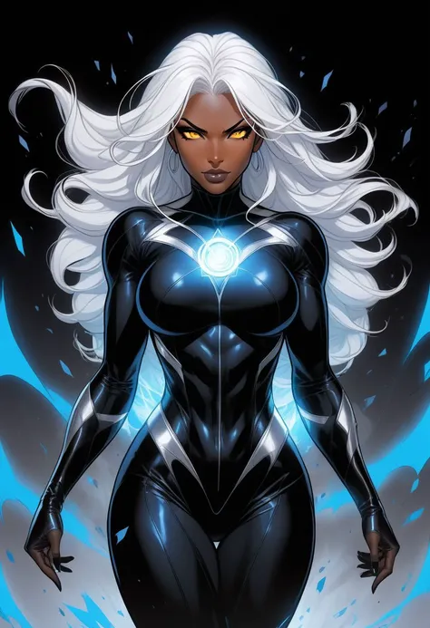 1girl, storm from marvel, art by Ed Benes and Joe Madureira, colorful, hyper detail, dramatic light, intricate details, (score_9, score_8_up:1.1), score_7_up, scale 1:1, highly detailed, correct human anatomy, correct hand anatomy, 1 thumb, 4 fingers, fit female, (1girl, solo, white hair, sharp face, only sclera, glowing sclera, dark skin,  hair between eyes, dynamic angle), swirling black light around the character, depth of field, black light particles, (broken glass), magic circle, full body, thunders, cinematic lighting, cinematic angle, masterpiece, best quality, cartoon, digital art, lineart, enraged, levitating, flying, high heel boots, wide hips, thick thighs, screaming, powerful