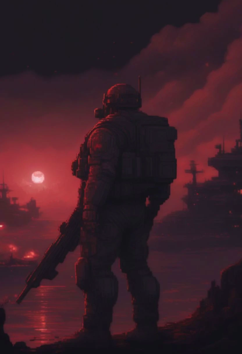 portrait, pixel art 16bits style, cinematic camera, posing, brute cyborg soldier. red moon, flying tanker ships, helicopters, explosions, war, tundra background, neon, noir, menacing, chaos, plenty of soldiers, action, aiming, shooting rifle, army, lasers, concept,