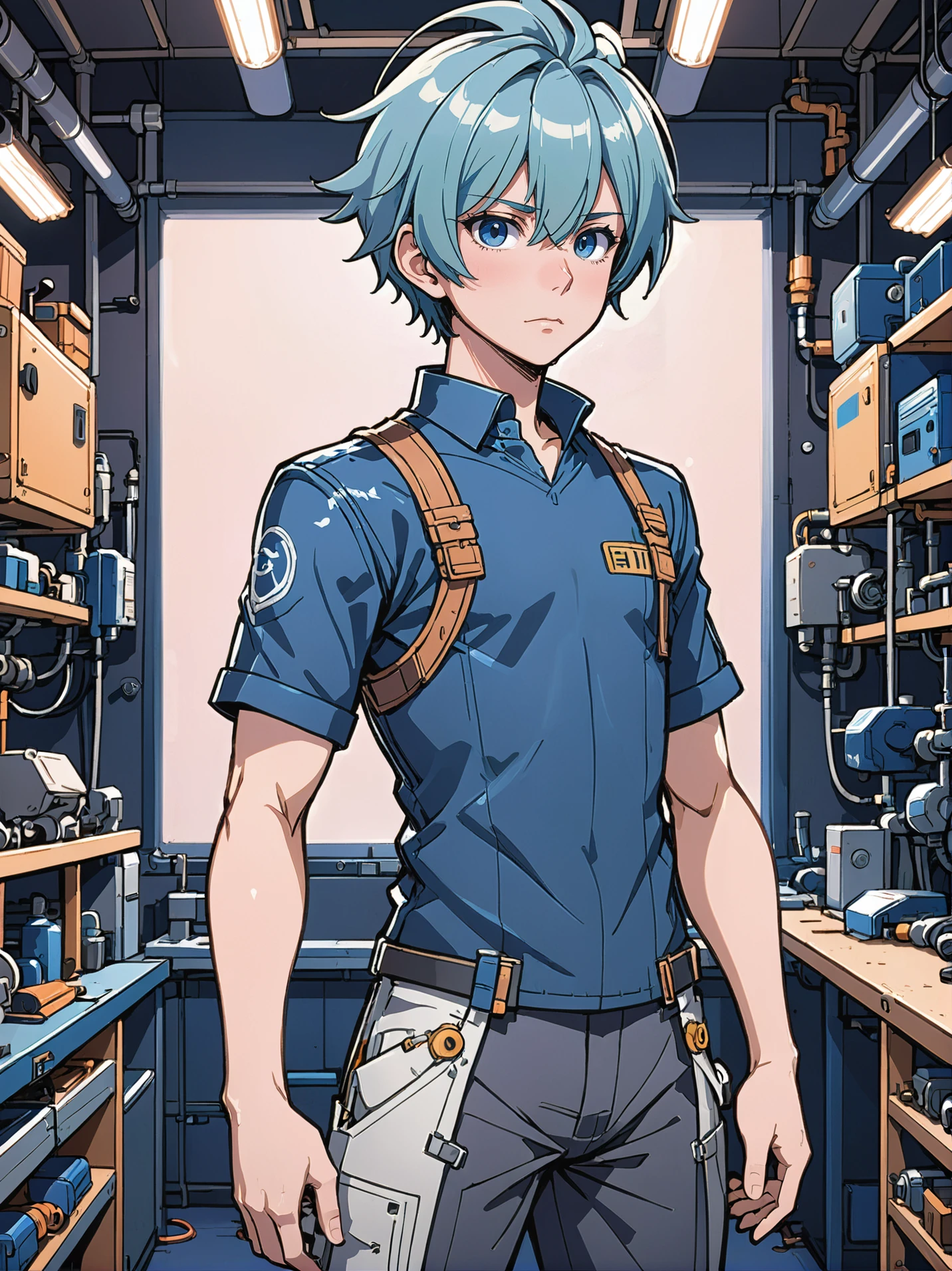 anime style, (full body:1.2), 1boy, man, masculine, solo, [:creative costume design,:0.2] engineer, caucasian, deep mediumblue hair, (slim:1.1) build, Repair and Maintenance Workshop \(room\) <lora:EnvyLineArtSliderXL01:1><lora:EnvyBetterHiresFixXL01:0@0,0@.49,1@.5:hr=1>