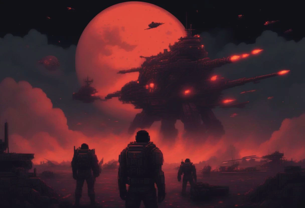 portrait, pixel art 16bits style, cinematic camera, posing, brute cyborg soldier. red moon, flying tanker ships, helicopters, explosions, war, tundra background, neon, noir, menacing, chaos, plenty of soldiers, action, aiming, shooting rifle, army, lasers, scrltff7v1