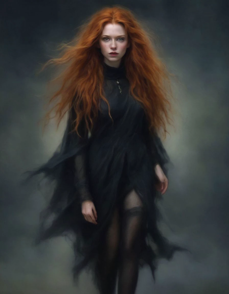 full length painting  of a beautiful witch, long messy ginger hair, pale skin, . 
 <lora:EnvyLineArtSliderXL01:-2>