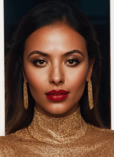 portrait of woman, MayaJama, glossy red lips, ((solo)), looking at viewer, highly detailed, film grain, cinematic lighting, glamour photoshoot, <lora:MayaJama:0.75> <lora:quickfix:0.8>