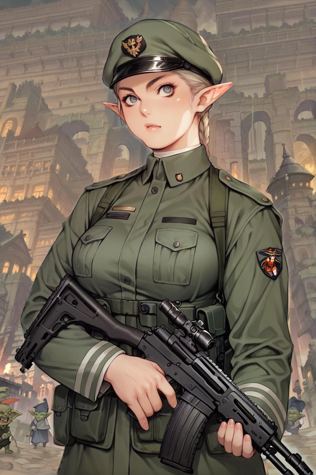 score_9, score_8_up, score_7_up, score_6_up, source_anime, 1girl, elf, BREAK
blonde hair, braid, pointy ears,
medium breasts, military uniform, assault rifle, BREAK
ancient castle, night, city, ruins, orc, goblin, goblins,
<lora:Tsukasa_Jun_PonyXL_V2_dim32:1>, <lora:Nagi_Itsuki_XL:1.1>, <lora:StS_detail_slider_v1:3>, <lora:Pony_DetailV2.0:3>, <lora:Pony_QualityV4.0:1>,