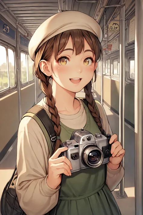 score_9, score_8_up, score_7_up, 1girl, solo, camera, braid, hat, brown hair, twin braids, train station, smile, open mouth, train, blush, brown eyes, looking at viewer, ground vehicle, yellow eyes,  holdding camera,  <lora:Tsukasa_Jun_PonyXL_V2_dim32-000036:0.9>