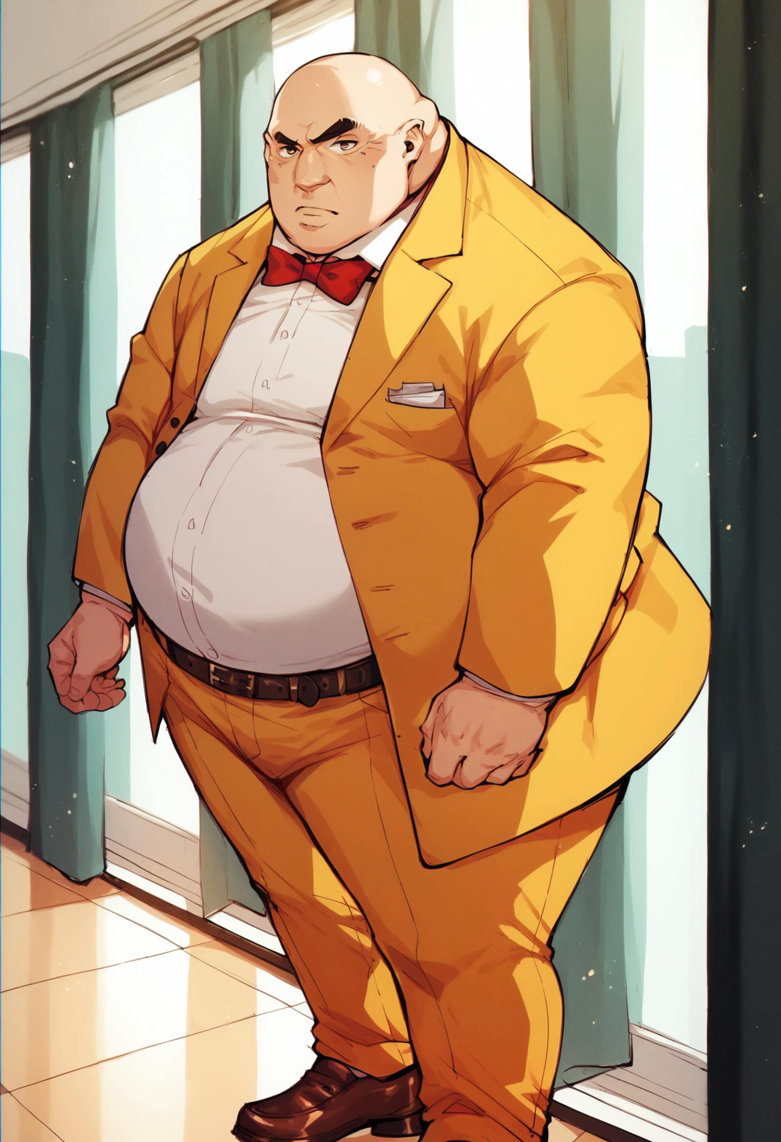 <lora:PONY-ç»-Tsukasa Jun:0.7> ,score_9, score_8_up, score_7_up,1boy, solo, <lora:PONY-ç·-æ ¡é¿â¡:0.7>,p5principal, fat man, obese, bald,yellow jacket, formal, white shirt, red bow tie, belt, yellow pants, brown shoes, uncensored,<lora:add-detail-xl:1>,<lora:Expressive_H-000001:0.8>