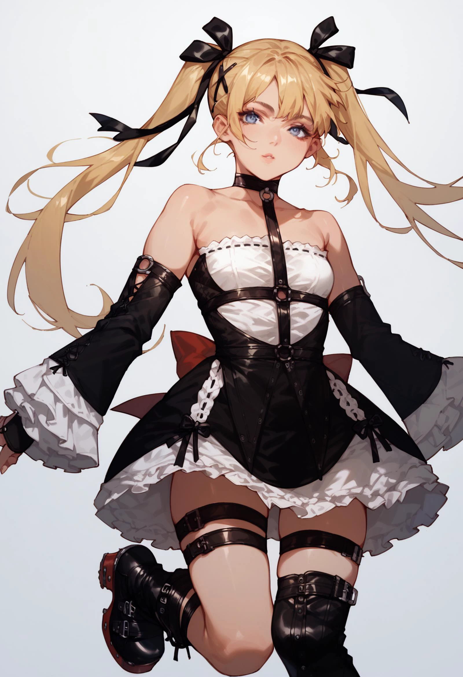 <lora:PONY-ç»-Tsukasa Jun:0.7> ,score_9, score_8_up, score_7_up,1girl, solo, <lora:PONY-人-çä¸½ç½æ¯:0.8>,doamarie, blonde hair, twintails,hair ornament, hair ribbon, choker, harness, black skirt, black and white dress, detached sleeves, black sleeves, thigh strap, platform boots, looking at viewer,, uncensored,<lora:add-detail-xl:1>,<lora:Expressive_H-000001:0.8>