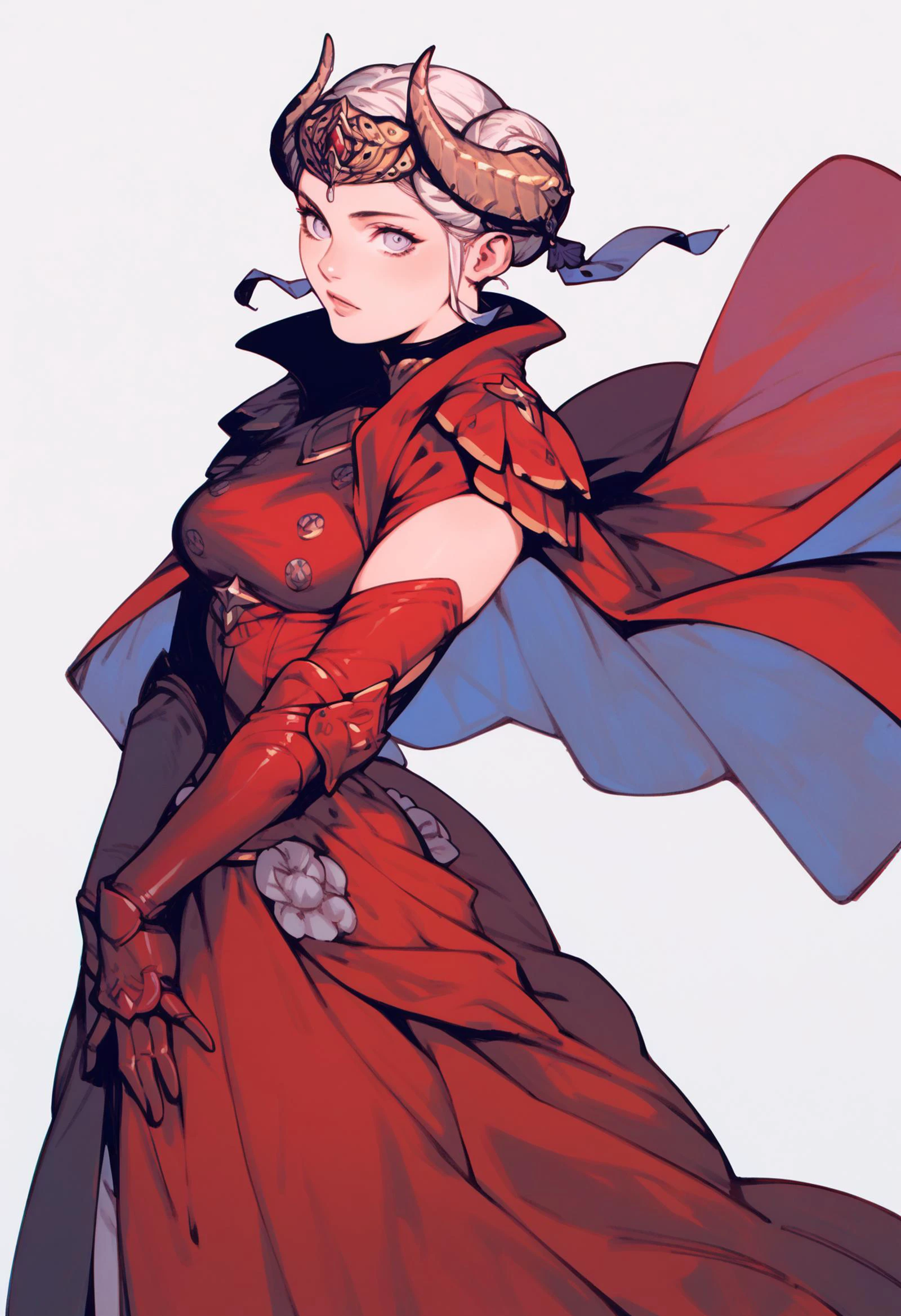 <lora:PONY-ç»-Tsukasa Jun:0.7> ,score_9, score_8_up, score_7_up,1girl, solo, <lora:PONY-人-ç女:0.8>,warEdel, double bun, fake horns, short hair, tiara, red dress, red cape, red gauntlets, long dress,looking at viewer,, uncensored,<lora:add-detail-xl:1>,<lora:Expressive_H-000001:0.8>