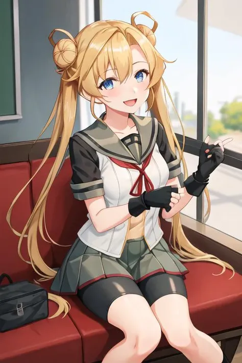 best quality, masterpiece, highres, solo, {abukuma_kantaicollection:1.15}, blonde_hair, long_hair, blue_eyes, hair_bun, double_bun, hair_rings, twintails, serafuku, hair_between_eyes, open_mouth, 1girl, black_gloves, gloves, looking_at_viewer, pleated_skirt, school_uniform, skirt, short_sleeves, bike_shorts, smile, fingerless_gloves, shorts