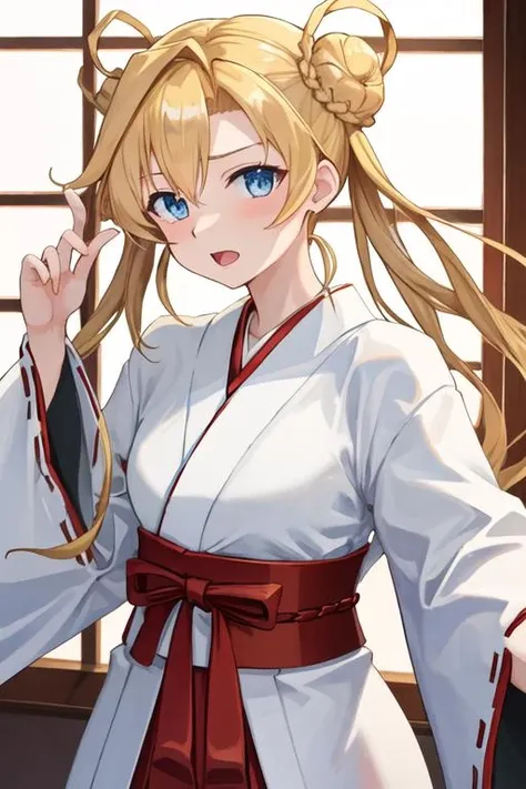 best quality, masterpiece, highres, solo, {white kimono:1.35}, {red hakama:1.35}, {wide sleeves:1.20}, {abukuma_kantaicollection:1.15}, blonde_hair, long_hair, blue_eyes, hair_bun, double_bun, hair_rings, twintails, serafuku, hair_between_eyes, open_mouth
