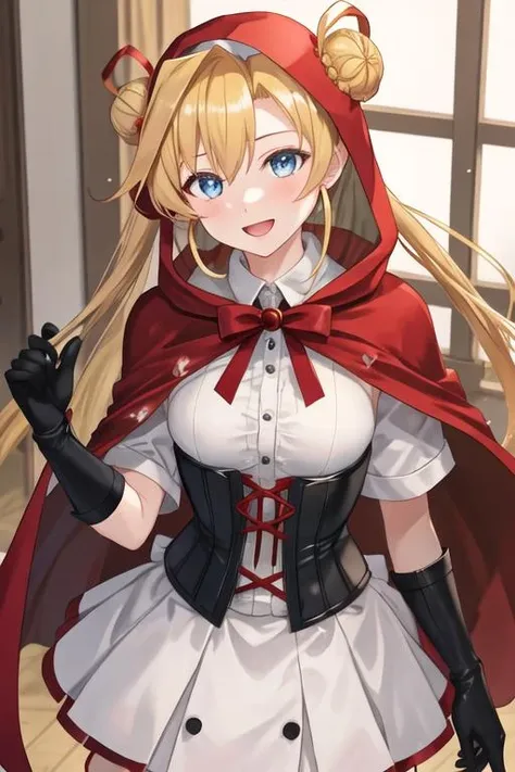 best quality, masterpiece, highres, solo, {abukuma_kantaicollection:1.15}, blonde_hair, long_hair, blue_eyes, hair_bun, double_bun, hair_rings, twintails, serafuku, hair_between_eyes, open_mouth, 1girl, black_gloves, gloves, hair_down, looking_at_viewer, official_alternate_costume, red_capelet, shirt, white_shirt, cosplay, little_red_riding_hood_\(grimm\)_\(cosplay\), red_cape, red_hood, smile, alternate_hairstyle, cape, corset, hood, capelet, red_skirt, skirt, collared_shirt, short_sleeves, upper_body