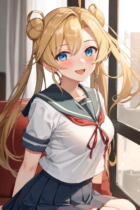 best quality, masterpiece, highres, solo, {abukuma_kantaicollection:1.15}, blonde_hair, long_hair, blue_eyes, hair_bun, double_bun, hair_rings, twintails, serafuku, hair_between_eyes, open_mouth, 1girl, school_uniform, looking_at_viewer, blush, smile