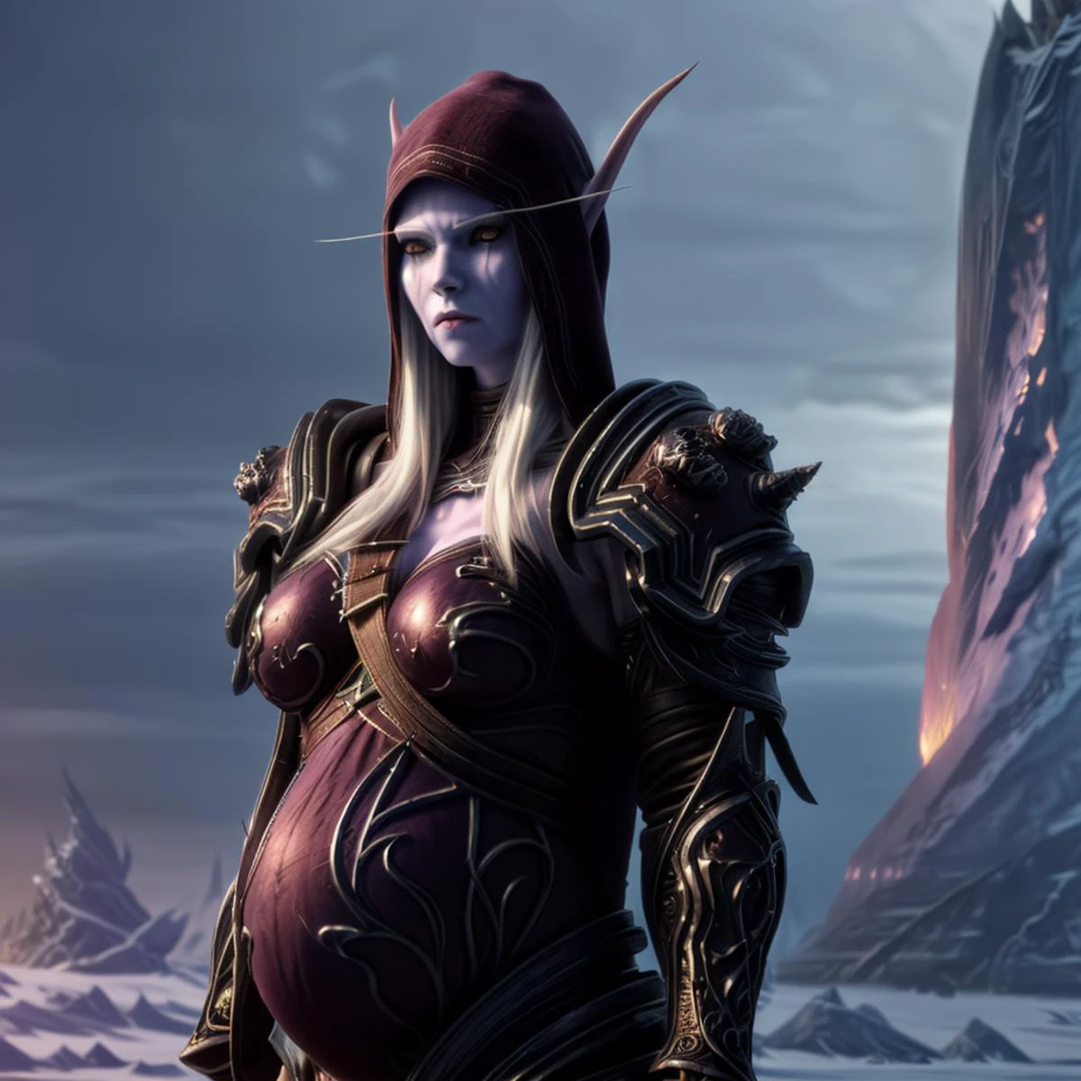 Dark Moody Atmosphere, 1girl, sylvans windrunner, in ice crown, world of warcraft, icecrown citadel, frozen landscape <lora:queenv1:0.7> queen, <lora:jkSaggyPreggov01:0.6>pregnant, <lora:more_details:1> <lora:PAseer-SDXL-AcceleratorLighting:1> epiCPhoto , dramatic, mysterious, dark moody atmosphere