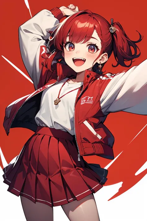 masterpiece,best quality,ultra detailed background BREAK light colors,1girl,solo,skirt,glossy eyes,red hair,smile,red background,open mouth,looking at viewer,red skirt,outstretched arms,fangs,long sleeves,bangs,:d,cowboy shot,jacket,twintails,pleated skirt,shirt,jewelry,earrings,teeth,blush,short hair,hair ornament,red jacket,arms up,<lora:GoodHands-beta2:1>,